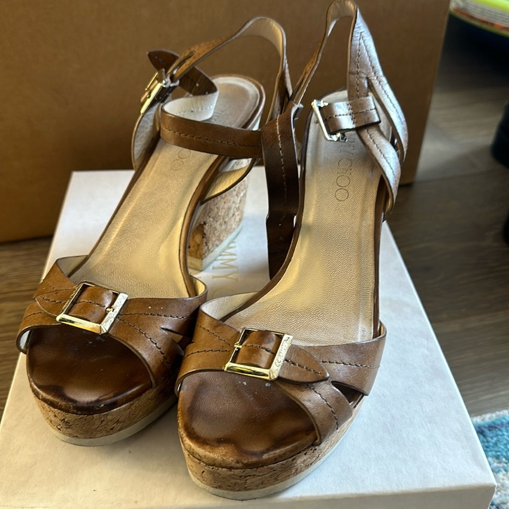 Jimmy Choo Brown Leather Wedge Sandals